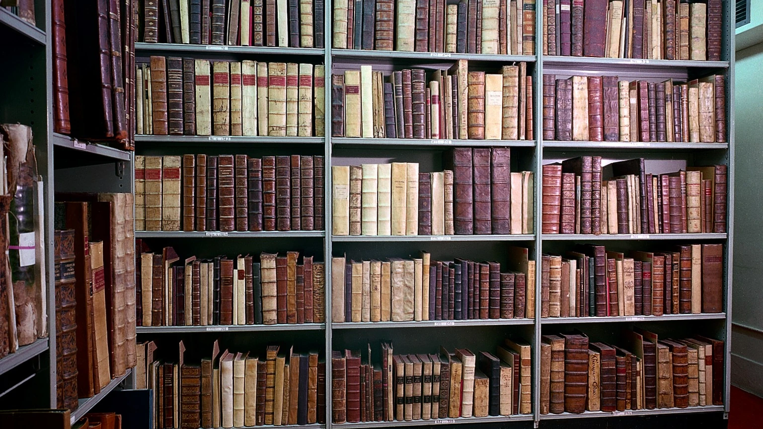 Metal library stacks filled with early printed books, cream and brown spines in even rows, a side bay of shelves at left. No people appear.