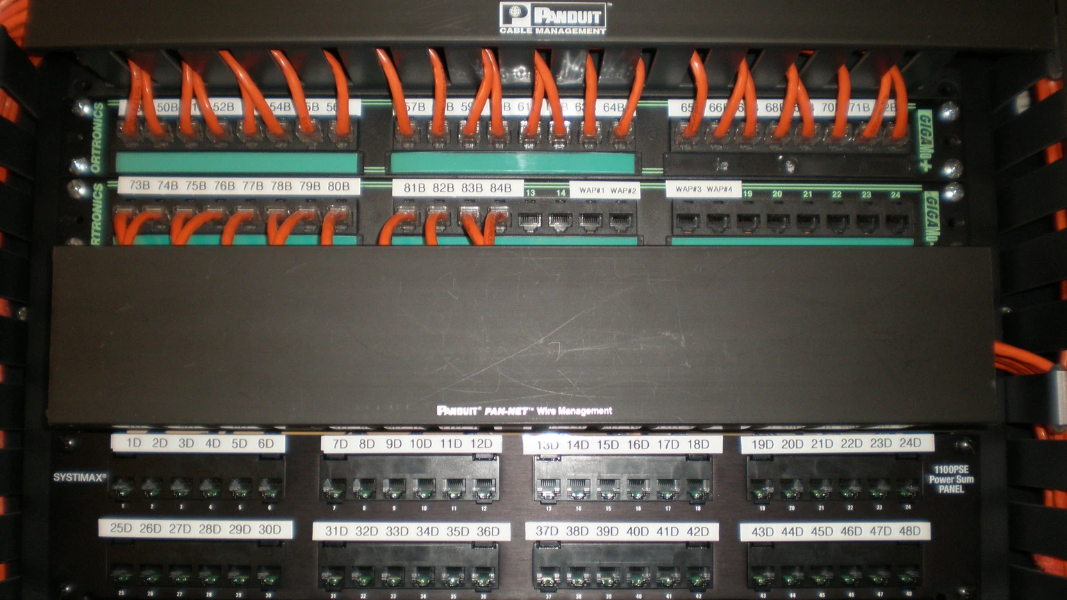 Close-up of a Panduit cable-management rack with two rows of orange patch cords above empty Systimax ports. No people appear.