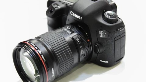 A black Canon EOS 5D Mark III DSLR camera body with lens mount facing the viewer. No people appear.