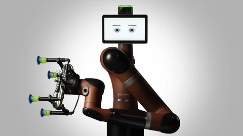 A Sawyer collaborative robot arm with a ClickSmart gripper on a white work surface. No people appear.