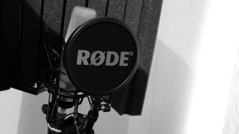 Black-and-white photo of a studio condenser microphone behind a round pop filter, in front of a foam reflection filter. No people appear.
