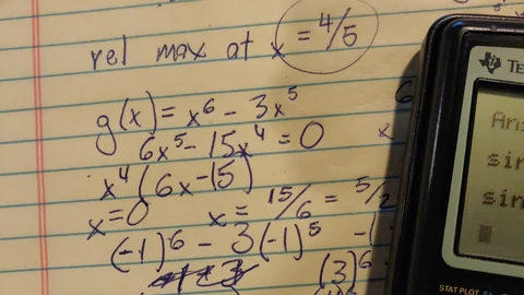 Handwritten algebra working on yellow lined paper, with a circled answer of x equals four-fifths, next to a graphing calculator. No people appear.