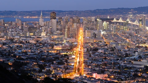 Panoramic view of San Francisco from Twin Peaks under a clear sky, with downtown towers and the bay in the distance. No people appear in the foreground.