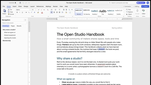 WordCraft’s Word-style interface: a ribbon with the Home tab open, a live Styles gallery, a Navigation pane listing headings, and a document titled The Open Studio Handbook.