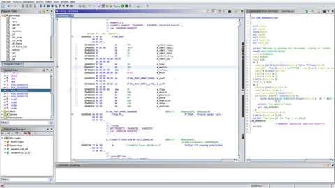 Screenshot of the open-source Ghidra reverse-engineering tool showing a disassembly listing and related panes on a dark interface.