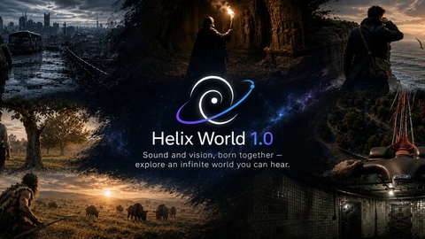 Promotional banner reading “Helix World 1.0, Sound and vision, born together”, surrounded by generated scenes: a ruined city street, a torch-lit cave, a coastline, a savannah with bison and a roller coaster.