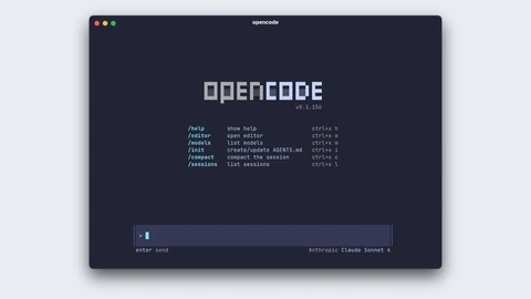 A dark terminal window titled opencode showing the blocky OpenCode wordmark, version 0.1.156, and a list of slash commands such as /help, /editor, /models, /init, /compact and /sessions above an empty prompt.