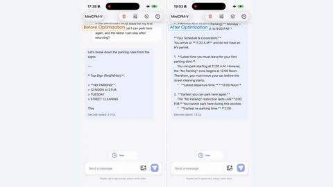 Two iPhone screens side by side running the MiniCPM-V app on the same parking-sign question. The left screen, labelled Before Optimization, shows a partial answer and a decode speed of 2.0 tokens per second; the right, labelled After Optimization, shows a longer answer working out parking times and a decode speed of 7.4 tokens per second.