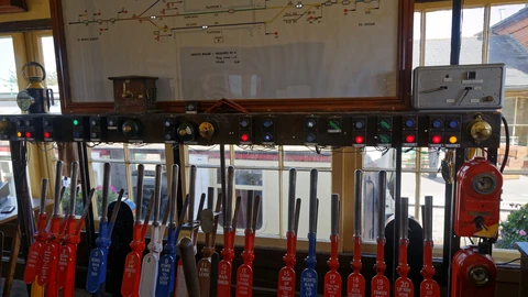 The inside of a railway signal box: a row of numbered red, blue and white levers labelled with routes such as points main to loop and up starter, below a shelf of indicator lights and a framed track diagram of the station layout.