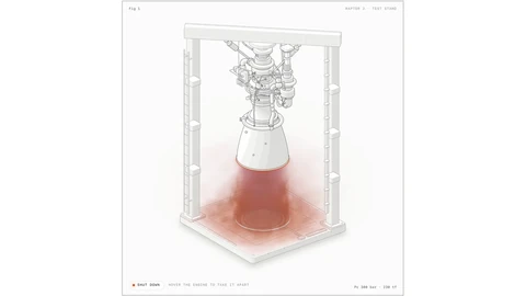 An isometric line drawing of a rocket engine hanging inside a white test stand, firing a soft red exhaust plume onto the base plate. A card frame reads Fig 1, Raptor 2 test stand, with a small control label at the bottom.