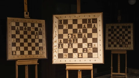 Three large wooden chess demonstration boards stand on easels in a dark room, each showing a game in progress with flat pieces held on by magnets.