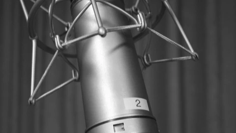 Black-and-white close-up of a Neumann U87 studio condenser microphone on a stand.