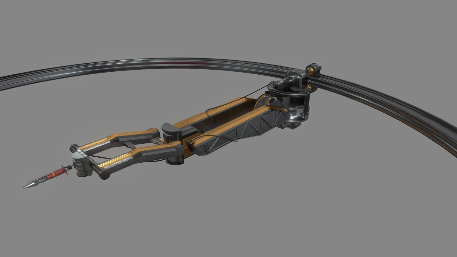 3D-rendered pneumatic gripper arm with two orange pads facing a small green block on a dark surface.