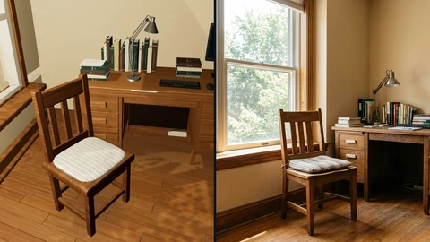 Two panels of the same home-office scene. Left, a flat, game-like Three.js render of a wooden chair with a striped cushion in front of a desk with books and a lamp. Right, a photorealistic version with a similar chair beside a sunny window and a wooden desk.