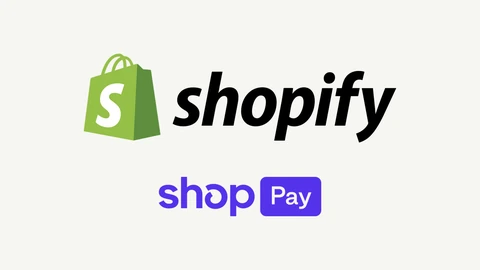 The Shopify logo, a green shopping bag beside the word shopify, above the purple Shop Pay logo, on a plain off-white background.