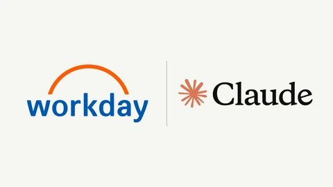 The blue Workday wordmark under an orange arc, a thin grey divider, and the Claude wordmark with its orange starburst symbol, on a plain off-white background.