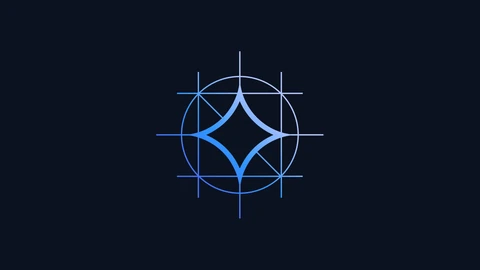 Google’s Gemma icon, a blue four-pointed star inside a thin circle crossed by fine construction lines, centred on a plain dark navy background.