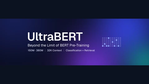 UltraBERT model-card banner reading UltraBERT, Beyond the Limit of BERT Pre-Training, with 150M and 380M size callouts on a dark gradient.