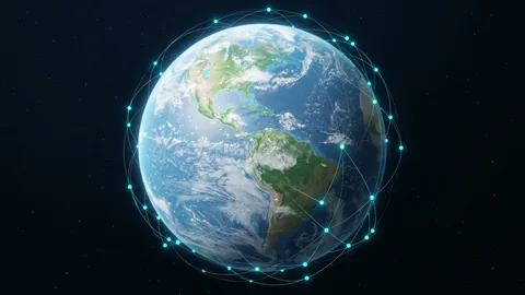 AI-generated illustration of Earth centered in dark space, wrapped by a cyan network of connected geospatial nodes.