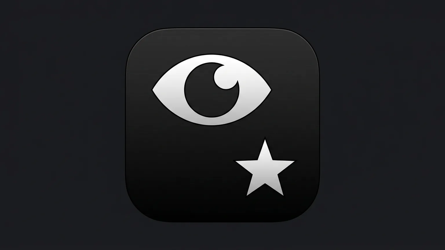 AI-generated illustration of a black rounded-square mark with a silver eye shape and a small silver star on a dark charcoal background.