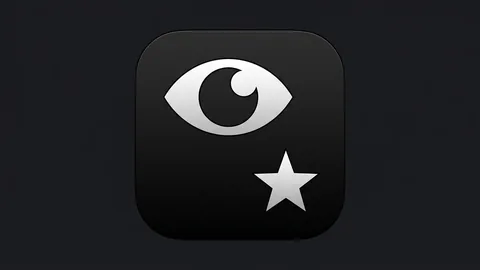 AI-generated illustration of a black rounded-square mark with a silver eye shape and a small silver star on a dark charcoal background.