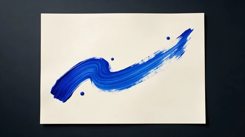 AI-generated illustration of a sheet of cream paper crossed by one thick ultramarine-blue brushstroke, on a dark background.