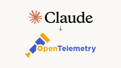 The Claude wordmark with its orange starburst at the top, a grey arrow pointing down, and the blue and yellow OpenTelemetry telescope logo and wordmark below, on a plain off-white background.