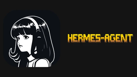 The Hermes Agent app icon, a black-and-white illustrated girl with a headband inside a rounded dark square, beside the yellow pixel-font HERMES-AGENT wordmark on a dark background.