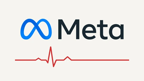 The blue Meta infinity logo and black Meta wordmark centred on an off-white background, with a red heart-rhythm line with a single spike running beneath it.