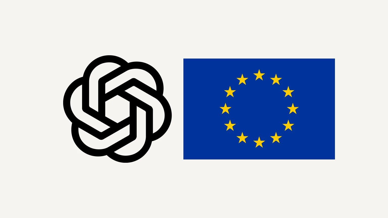 OpenAI’s black blossom logo on the left and the blue flag of Europe with its circle of twelve gold stars on the right, on an off-white background.