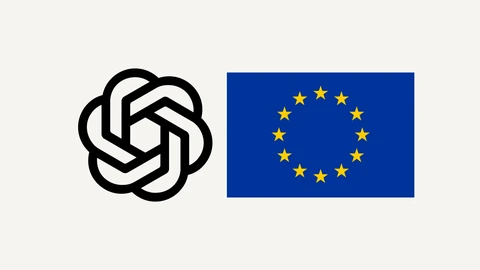 OpenAI’s black blossom logo on the left and the blue flag of Europe with its circle of twelve gold stars on the right, on an off-white background.