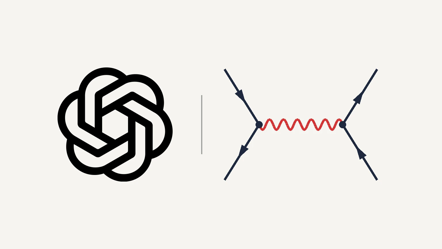 OpenAI’s black blossom logo on the left and, on the right, a simple Feynman diagram of two particle lines with arrows meeting at dots joined by a red wavy line, on an off-white background.