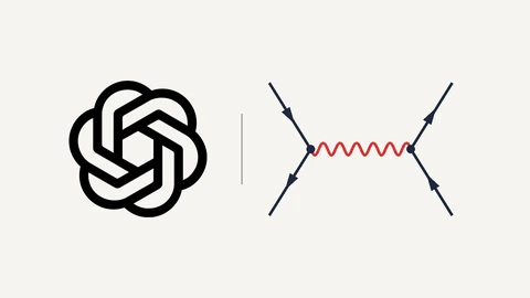 OpenAI’s black blossom logo on the left and, on the right, a simple Feynman diagram of two particle lines with arrows meeting at dots joined by a red wavy line, on an off-white background.