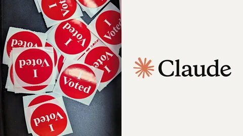 Red-and-white round "I Voted" stickers piled on a dark table on the left, and the Claude logo, an orange starburst beside the word Claude, on a plain off-white panel on the right.