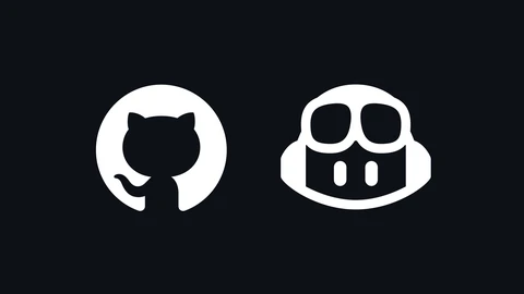 The white GitHub Octocat mark and the white GitHub Copilot mark, a rounded pilot-helmet face with goggles, side by side on a near-black background.
