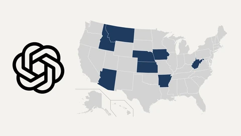 The black OpenAI blossom logo on the left and a grey map of the United States on the right with eight states shaded dark blue: Montana, Idaho, Nebraska, Kansas, Iowa, Arizona, Arkansas and West Virginia.