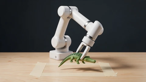 AI-generated illustration of a white desktop robot arm with a two-finger gripper lifting a green toy crocodile over a rectangle of masking tape on a wooden table, against a dark background.
