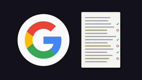 The multicolor Google G logo on a white circle, beside a drawn document page with grey text lines, yellow highlights, green check marks and red circles in the margin, on a dark background.