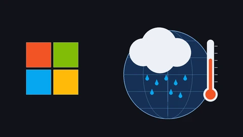 Microsoft’s four-square logo in red, green, blue and yellow on the left and, on the right, a drawn dark blue globe with a white rain cloud, blue raindrops and a red thermometer, on a dark background.