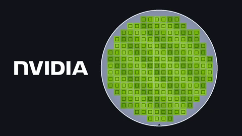 The NVIDIA wordmark in white on the left and, on the right, a drawn round silicon wafer covered in a grid of green square chip dies with a small notch at the bottom, on a dark background.