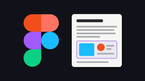 The five-shape Figma logo in red, coral, purple, blue and green on the left and, on the right, a drawn white document card with grey text bars and a purple-outlined embedded frame holding a blue square and an orange circle, on a dark background.