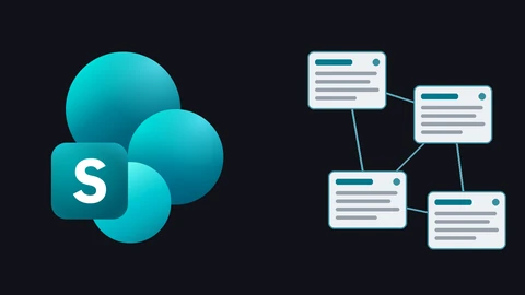 The teal Microsoft SharePoint icon, three overlapping circles with a white S on a rounded square, on the left; on the right, four drawn white document cards with a teal heading bar and grey text lines, joined to one another by thin teal lines, on a dark background.