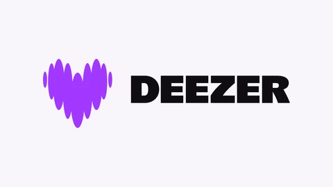 The Deezer logo: a purple heart shape made of vertical sound-wave bars beside the black word DEEZER, centred on a plain very light lilac background.