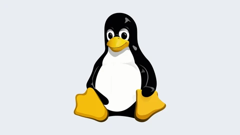 Tux, the Linux penguin: a seated black-and-white cartoon penguin with a yellow beak and yellow feet, centred on a plain pale grey background.