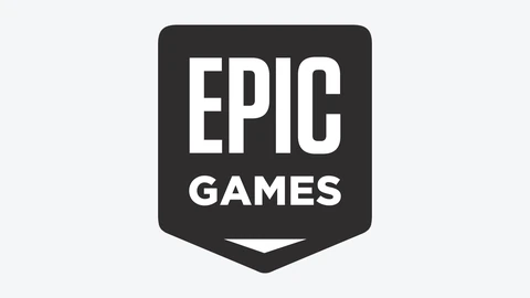 The Epic Games logo: the words EPIC GAMES in white capitals inside a dark charcoal shield shape with a downward white chevron at the bottom, centred on a plain very light grey background.
