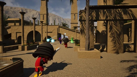 A third-person game scene in a sandstone Ancient Egypt courtyard: a small armoured character in red runs between columns and palm trees while glowing projectiles fly toward enemies.
