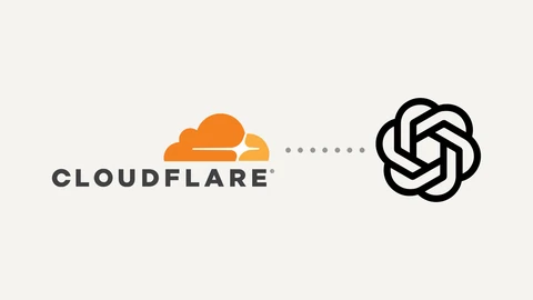 The orange Cloudflare cloud logo with the dark grey CLOUDFLARE wordmark on the left and OpenAI's black interlocking blossom symbol on the right, joined by a row of grey dots on a plain off-white background.