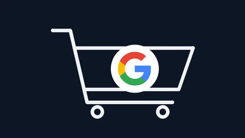 A white line drawing of a shopping cart on a dark navy background, with Google's multicoloured G logo on a white circle sitting inside the cart's basket.