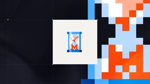 Mistral's Timestral banner: a small pixel-art hourglass in blue, white and orange on a pale square, beside a giant close-up of the same pixel hourglass on a dark background.