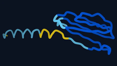 A protein backbone drawn as a smooth tube on a dark background: a long coiled helix on the left in light blue and yellow leads into a compact bundle of folded strands on the right in deep blue.